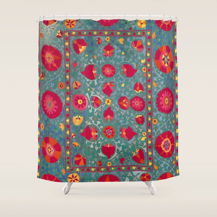 Bokhara Suzani Uzbekistan Embroidery Print With Green Shower Curtain Gallery Image 1