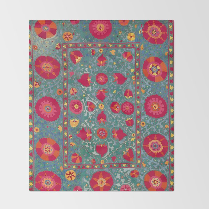 Bokhara Suzani Uzbekistan Embroidery Print With Green Throw Blanket Gallery Image 2
