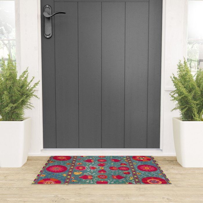 Bokhara Suzani Uzbekistan Embroidery Print With Green Welcome Mat Gallery Image 3
