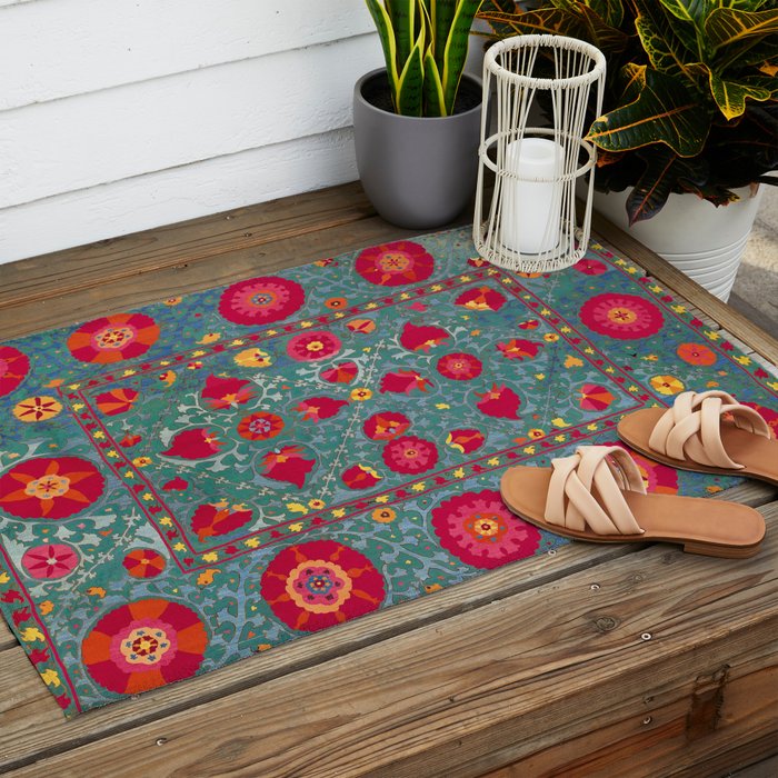 Bokhara Suzani Uzbekistan Embroidery Print With Green Outdoor Rug Gallery Image 2