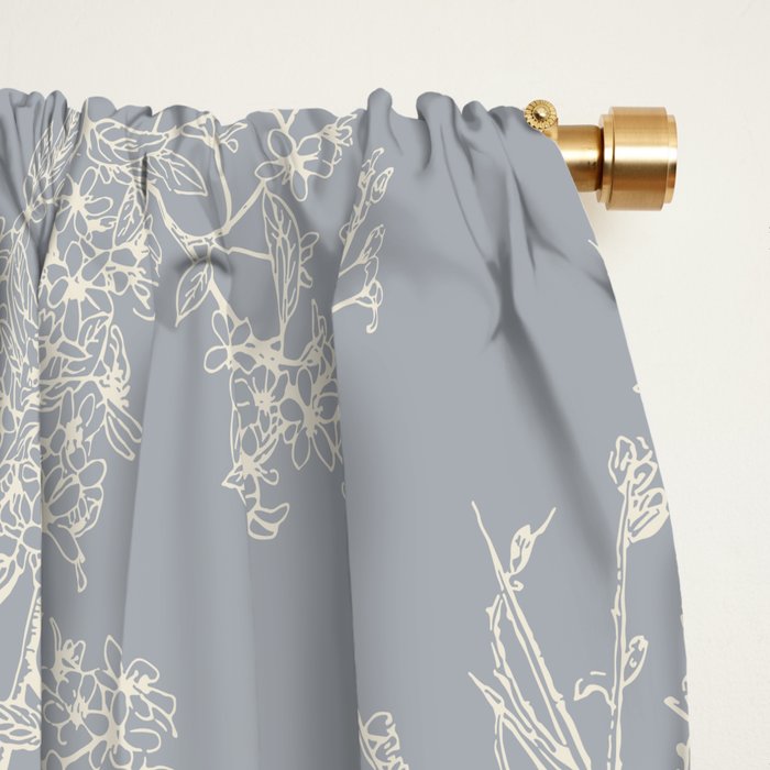 Botanical Cottage Floral Pattern in Muted Gray Blue and Cream Window Curtain Gallery Image 2