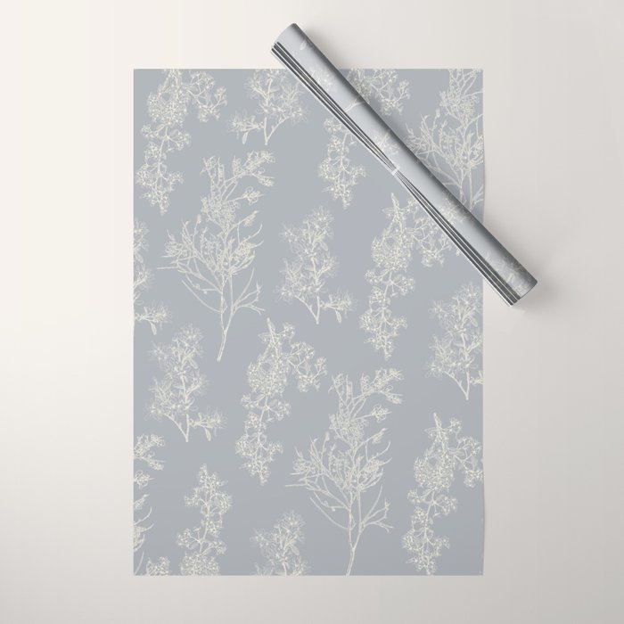 Botanical Cottage Floral Pattern in Muted Gray Blue and Cream Wrapping Paper Gallery Image 1