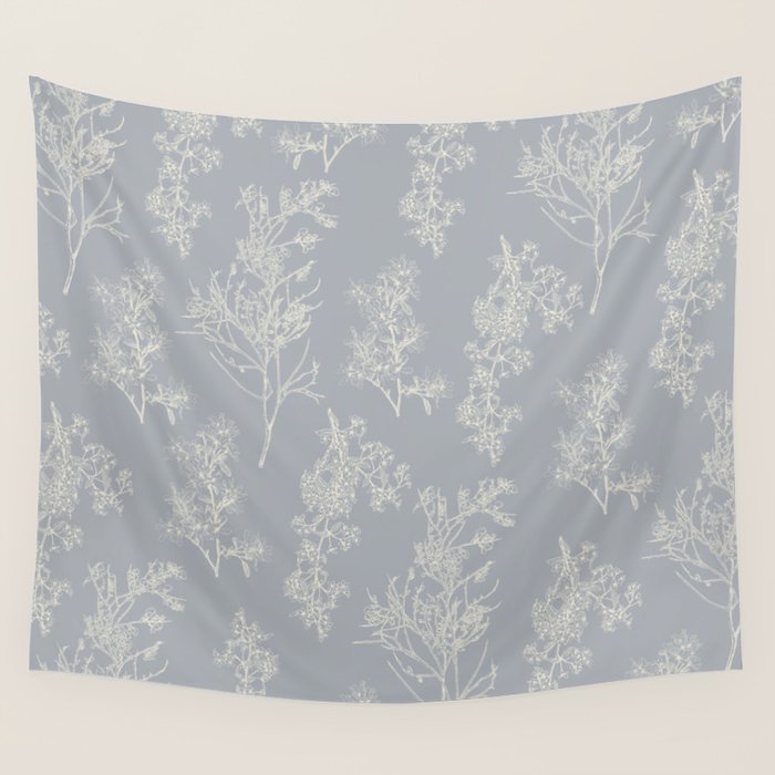 Botanical Cottage Floral Pattern in Muted Gray Blue and Cream Wall Tapestry Gallery Image 1