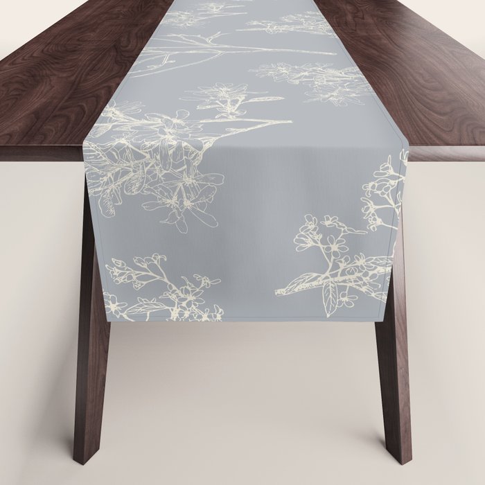 Botanical Cottage Floral Pattern in Muted Gray Blue and Cream Table Runner Gallery Image 1