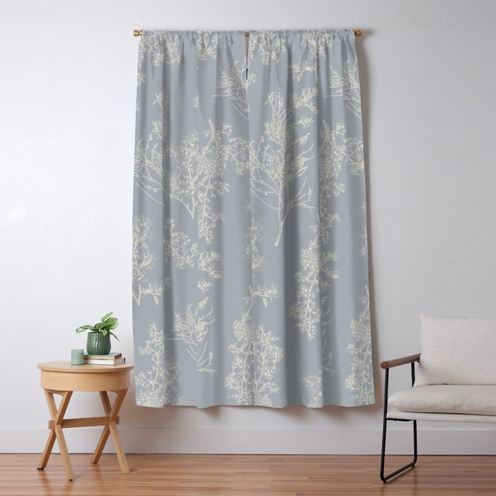 Botanical Cottage Floral Pattern in Muted Gray Blue and Cream Window Curtain Gallery Image 5
