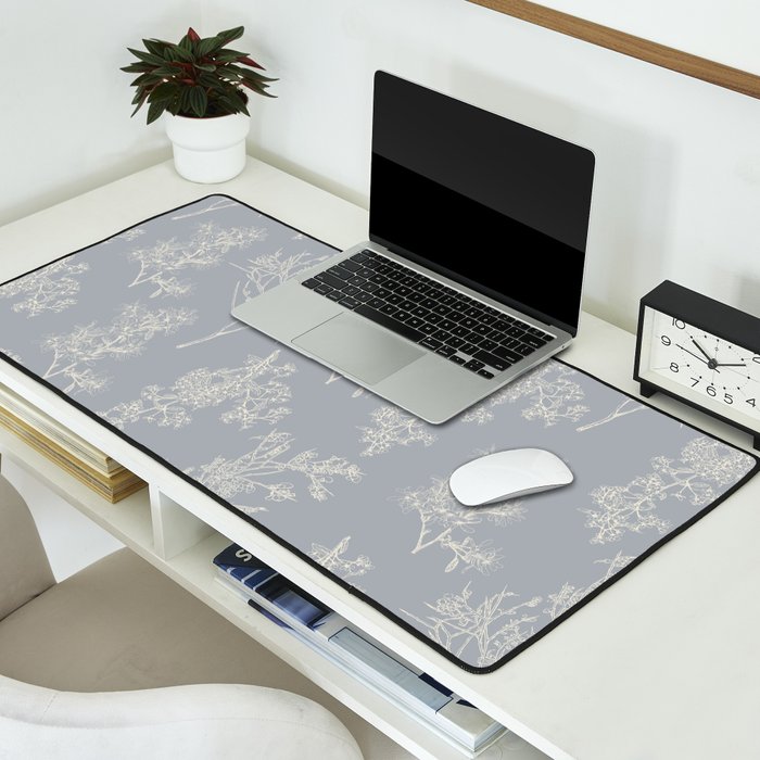 Botanical Cottage Floral Pattern in Muted Gray Blue and Cream Desk Mat Gallery Image 2