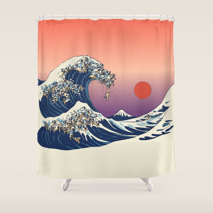 The Great Wave of Pug Shower Curtain Gallery Image 1
