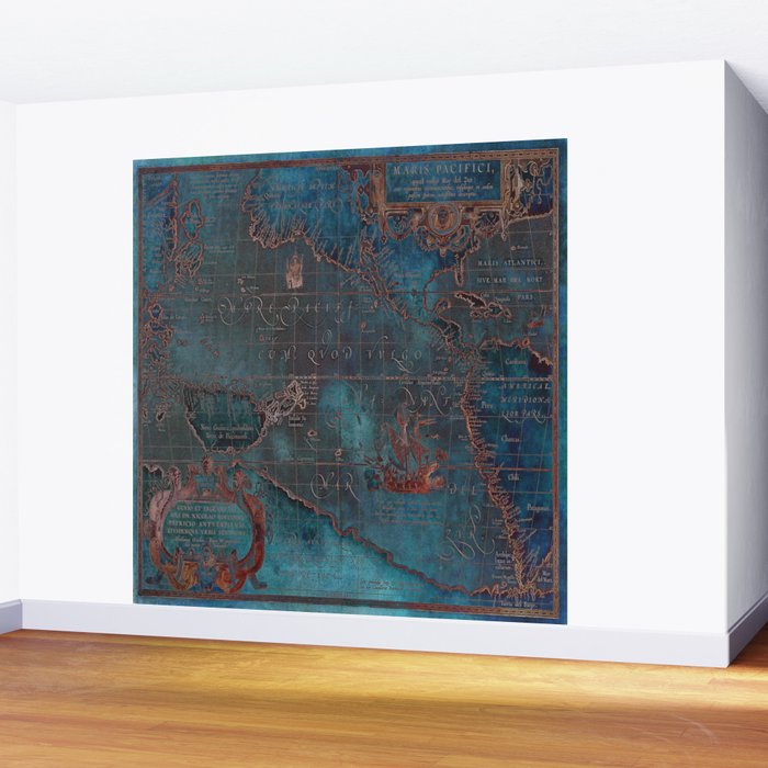 Antique Map Teal Blue and Copper Wall Mural Gallery Image 2