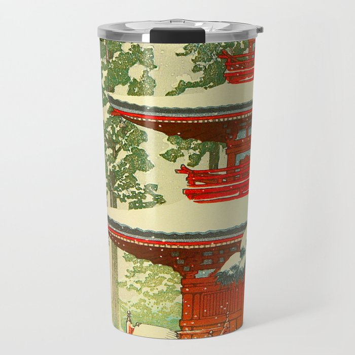 Vintage Japanese Woodblock Print Japanese Shinto Shrine Red Pagoda With Snow Capped Trees Travel Mug Gallery Image 1