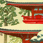 Vintage Japanese Woodblock Print Japanese Shinto Shrine Red Pagoda With Snow Capped Trees Coffee Mug Gallery Image 2