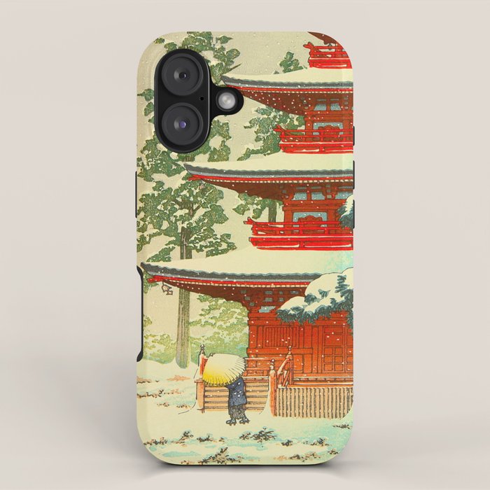 Vintage Japanese Woodblock Print Japanese Shinto Shrine Red Pagoda With Snow Capped Trees iPhone Case Gallery Image 1