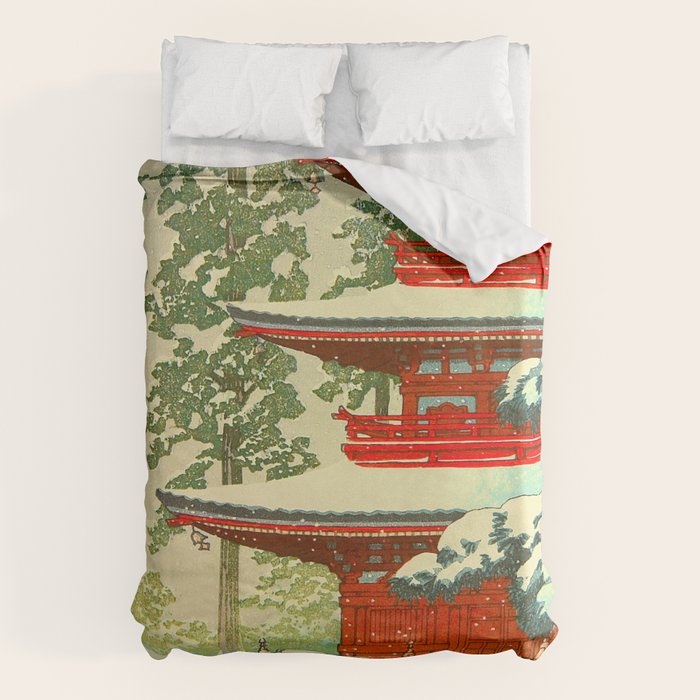 Vintage Japanese Woodblock Print Japanese Shinto Shrine Red Pagoda With Snow Capped Trees Duvet Cover Gallery Image 6