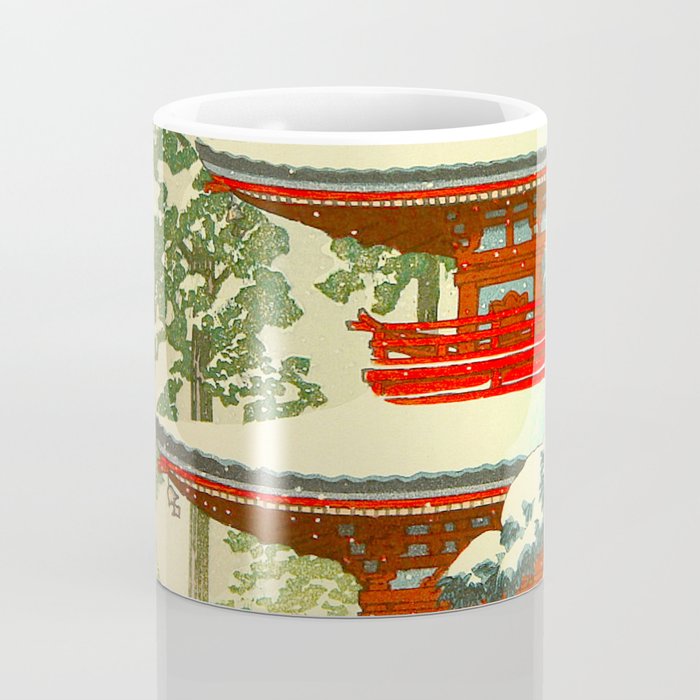 Vintage Japanese Woodblock Print Japanese Shinto Shrine Red Pagoda With Snow Capped Trees Coffee Mug Gallery Image 4