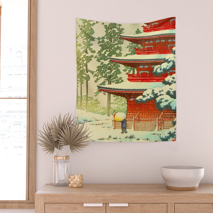 Vintage Japanese Woodblock Print Japanese Shinto Shrine Red Pagoda With Snow Capped Trees Wall Tapestry Gallery Image 2
