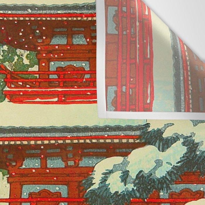 Vintage Japanese Woodblock Print Japanese Shinto Shrine Red Pagoda With Snow Capped Trees Wall Tapestry Gallery Image 3