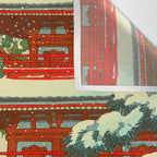 Vintage Japanese Woodblock Print Japanese Shinto Shrine Red Pagoda With Snow Capped Trees Wall Tapestry Gallery Image 3