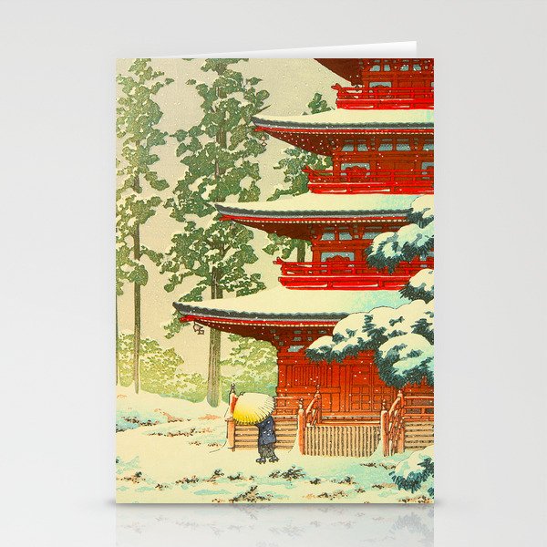 Vintage Japanese Woodblock Print Japanese Shinto Shrine Red Pagoda With Snow Capped Trees Stationery Card Gallery Image 1