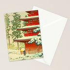 Vintage Japanese Woodblock Print Japanese Shinto Shrine Red Pagoda With Snow Capped Trees Stationery Card Gallery Image 2