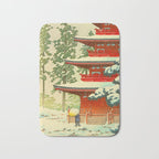 Vintage Japanese Woodblock Print Japanese Shinto Shrine Red Pagoda With Snow Capped Trees Bath Mat Gallery Image 1