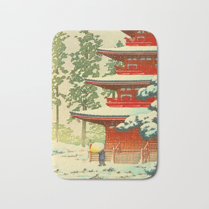 Vintage Japanese Woodblock Print Japanese Shinto Shrine Red Pagoda With Snow Capped Trees Bath Mat Gallery Image 1