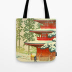 Vintage Japanese Woodblock Print Japanese Shinto Shrine Red Pagoda With Snow Capped Trees Tote Bag Gallery Image 1