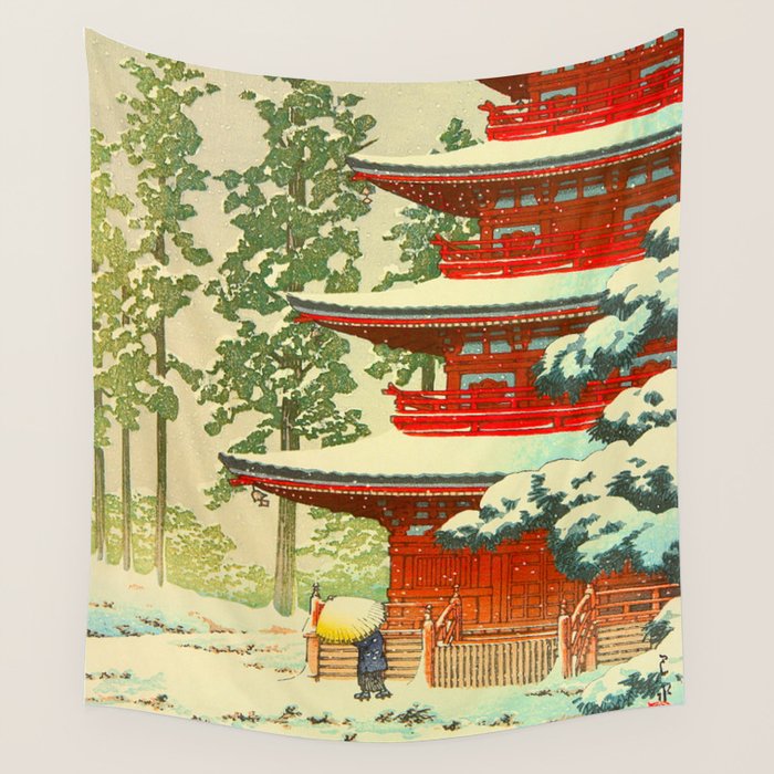 Vintage Japanese Woodblock Print Japanese Shinto Shrine Red Pagoda With Snow Capped Trees Wall Tapestry Gallery Image 4