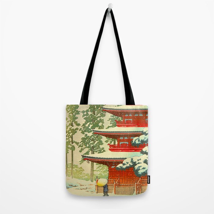 Vintage Japanese Woodblock Print Japanese Shinto Shrine Red Pagoda With Snow Capped Trees Tote Bag Gallery Image 2