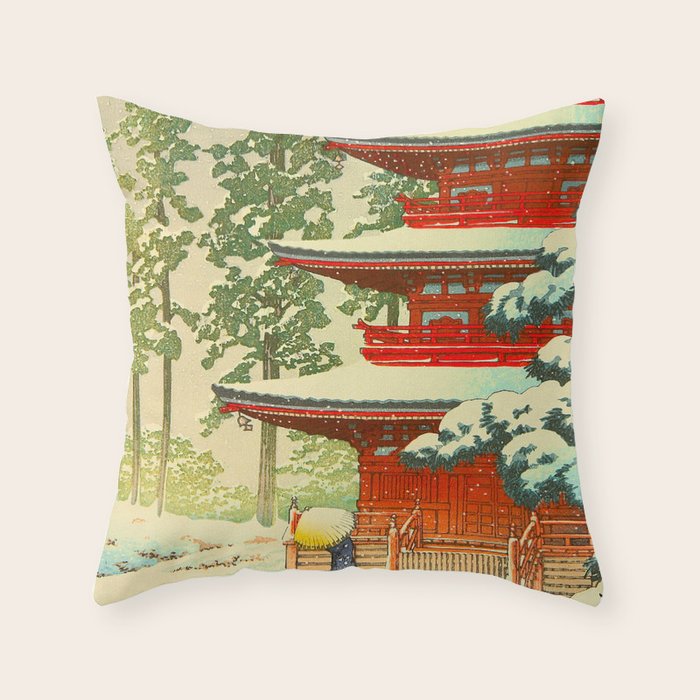 Vintage Japanese Woodblock Print Japanese Shinto Shrine Red Pagoda With Snow Capped Trees Throw Pillow Gallery Image 6