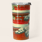Vintage Japanese Woodblock Print Japanese Shinto Shrine Red Pagoda With Snow Capped Trees Travel Mug Gallery Image 2