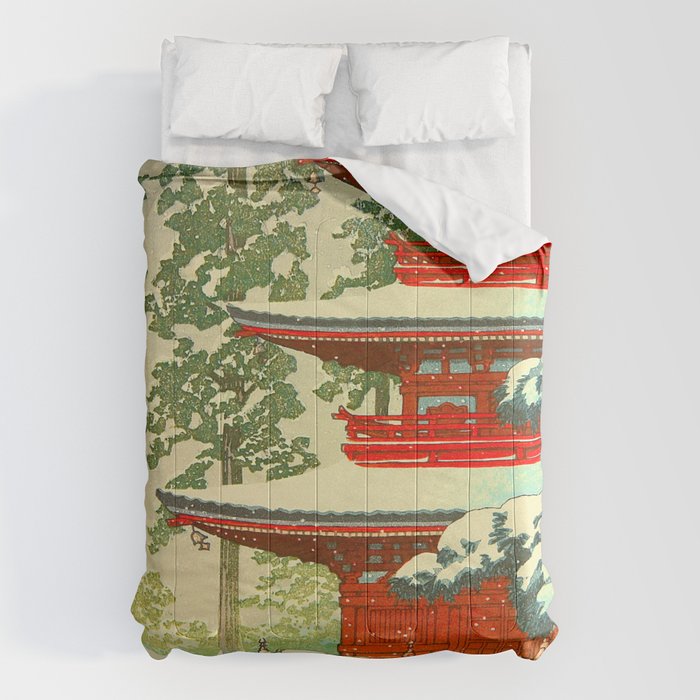 Vintage Japanese Woodblock Print Japanese Shinto Shrine Red Pagoda With Snow Capped Trees Comforter Gallery Image 6