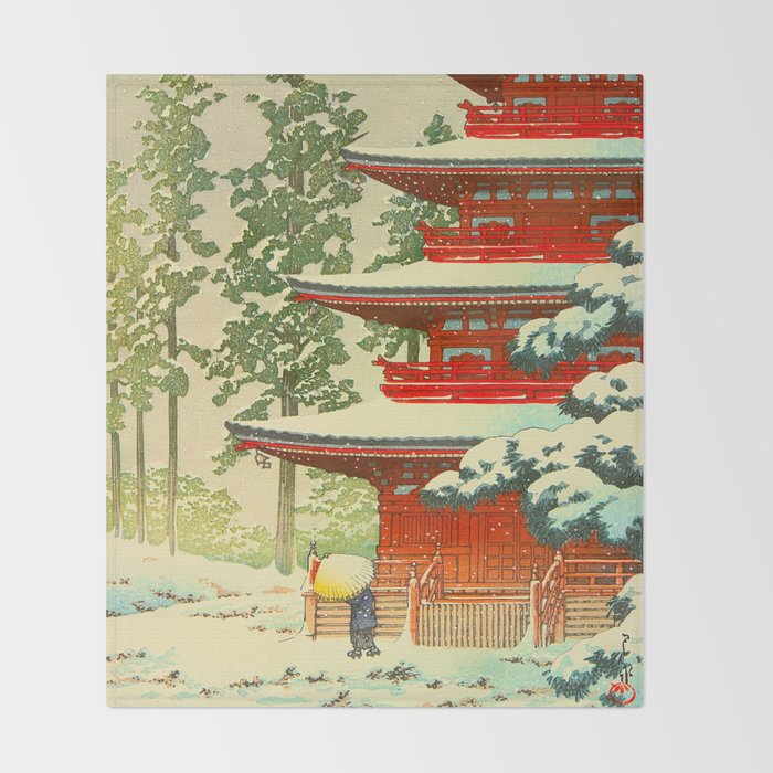 Vintage Japanese Woodblock Print Japanese Shinto Shrine Red Pagoda With Snow Capped Trees Throw Blanket Gallery Image 2