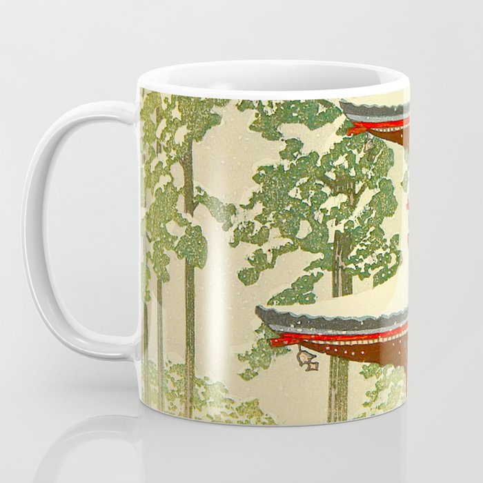 Vintage Japanese Woodblock Print Japanese Shinto Shrine Red Pagoda With Snow Capped Trees Coffee Mug Gallery Image 3