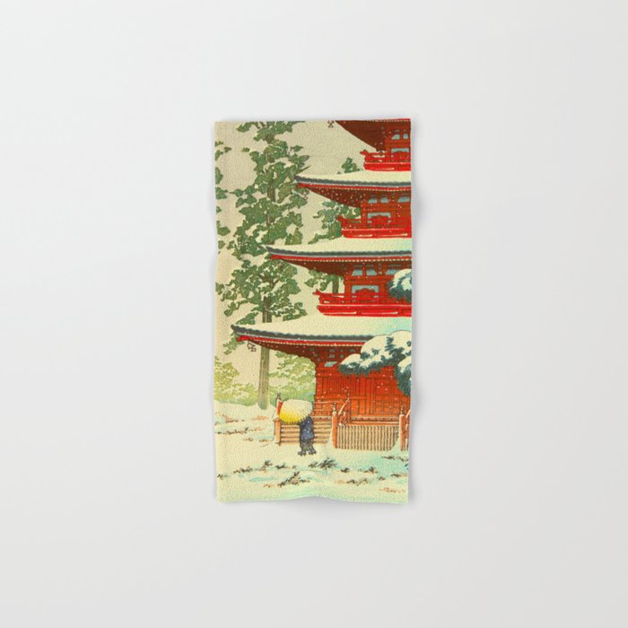 Vintage Japanese Woodblock Print Japanese Shinto Shrine Red Pagoda With Snow Capped Trees Bath Towel Gallery Image 1