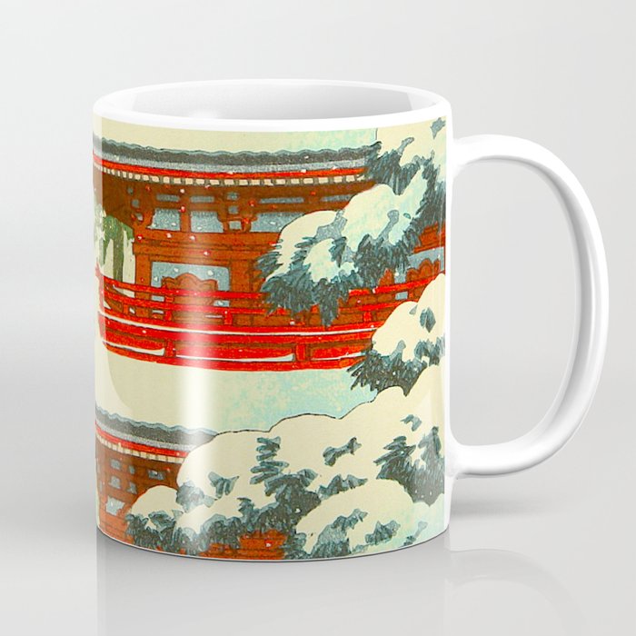 Vintage Japanese Woodblock Print Japanese Shinto Shrine Red Pagoda With Snow Capped Trees Coffee Mug Gallery Image 1