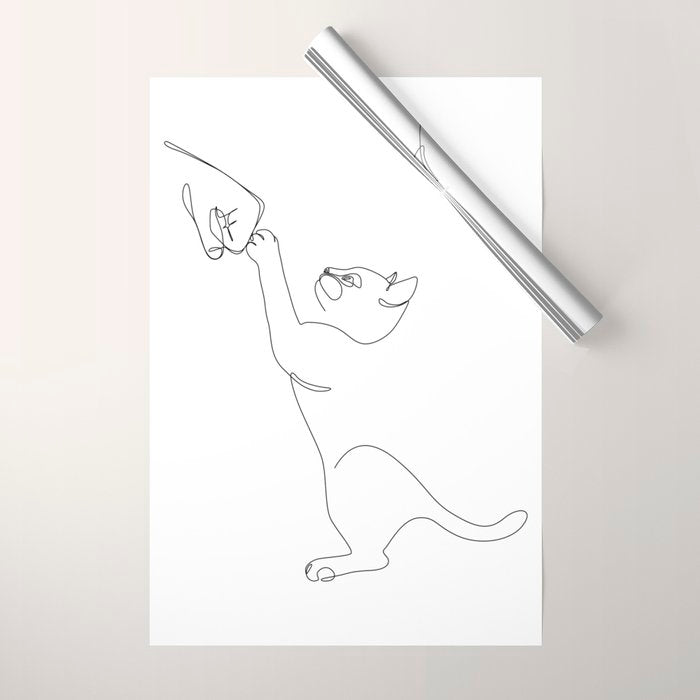 Cat and Owner Fist Bump Line Drawing Wrapping Paper Gallery Image 1