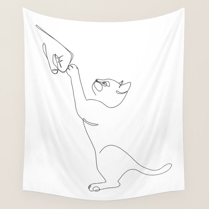 Cat and Owner Fist Bump Line Drawing Wall Tapestry Gallery Image 4