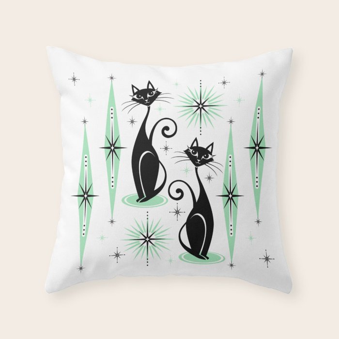 Mid Century Meow Retro Atomic Cats - w/ Mint on White Throw Pillow