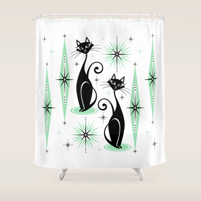 Mid Century Meow Retro Atomic Cats - w/ Mint on White Shower Curtain Gallery Image 1