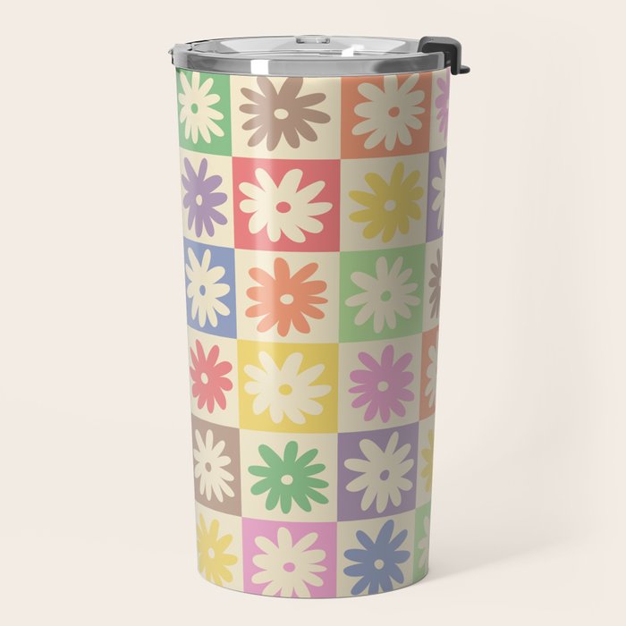 Colorful Flower Checkered Pattern Travel Mug Gallery Image 2