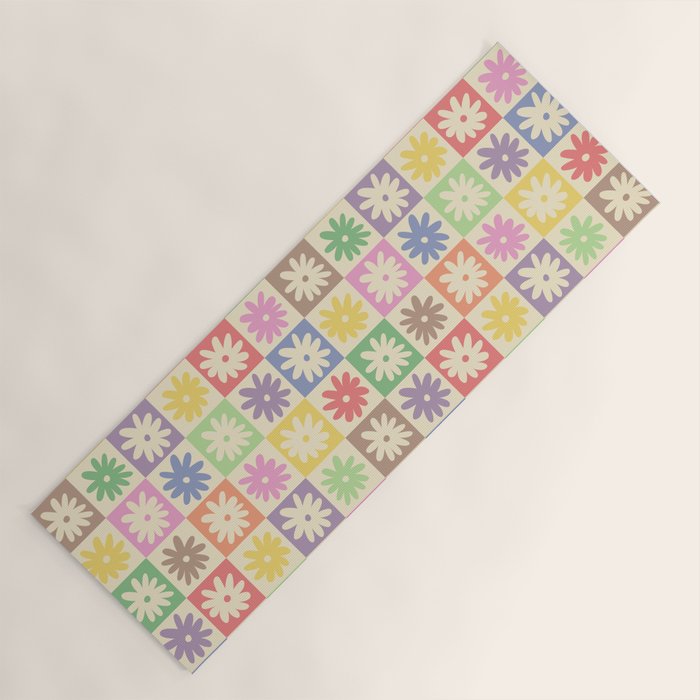 Colorful Flower Checkered Pattern Yoga Mat Gallery Image 1