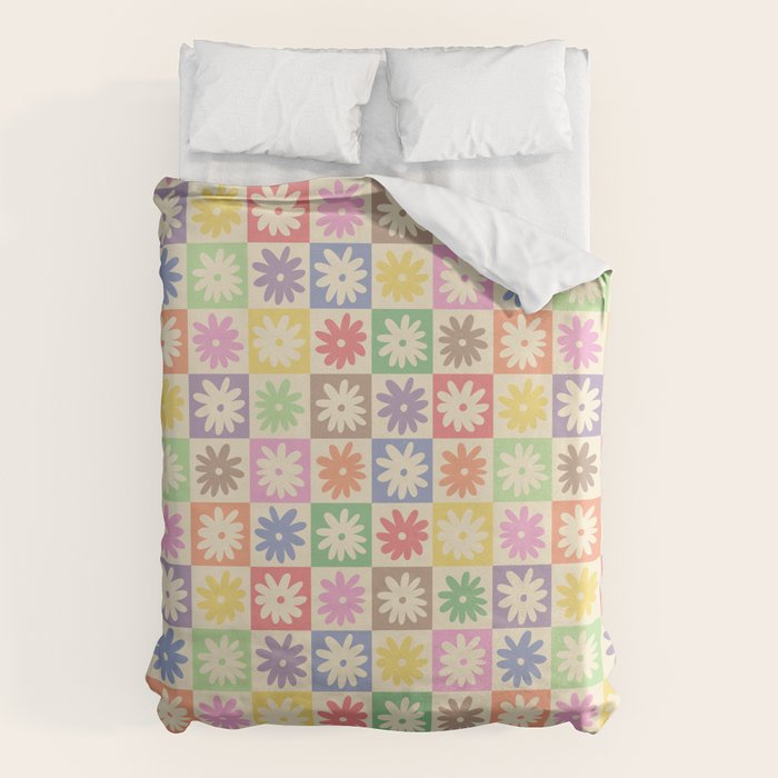 Colorful Flower Checkered Pattern Duvet Cover Gallery Image 1