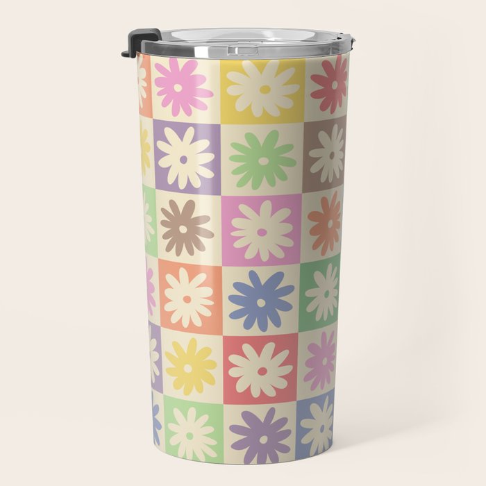 Colorful Flower Checkered Pattern Travel Mug Gallery Image 3