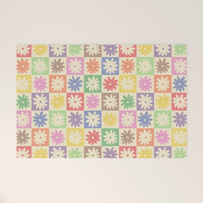 Colorful Flower Checkered Pattern Welcome Mat Gallery Image 1