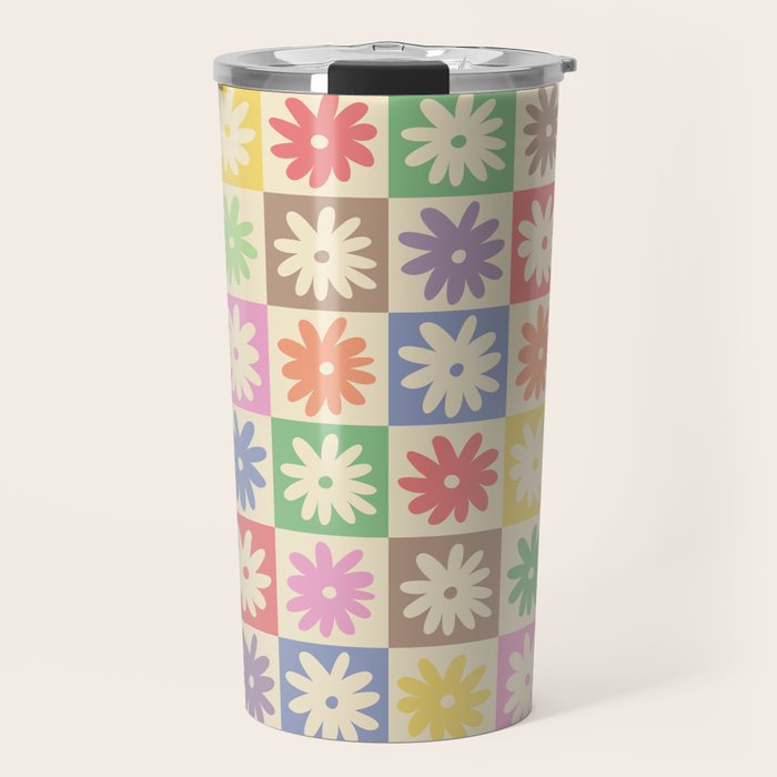 Colorful Flower Checkered Pattern Travel Mug Gallery Image 1