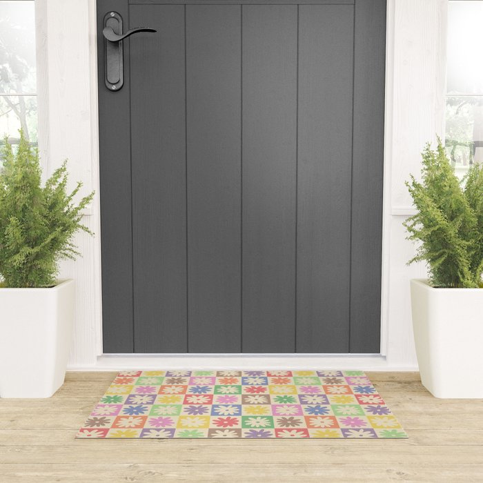 Colorful Flower Checkered Pattern Welcome Mat Gallery Image 3