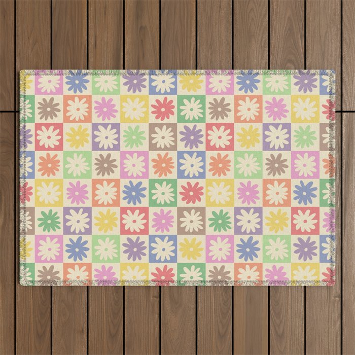 Colorful Flower Checkered Pattern Outdoor Rug Gallery Image 1