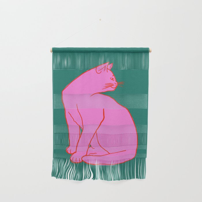 Pink Cat On Green Background Wall Hanging Gallery Image 1