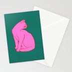 Pink Cat On Green Background Stationery Card Gallery Image 2
