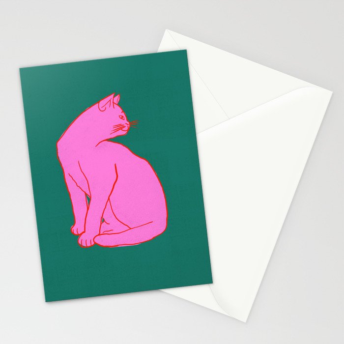 Pink Cat On Green Background Stationery Card Gallery Image 2