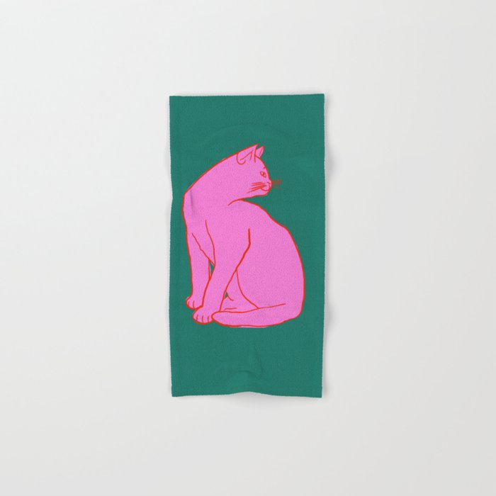 Pink Cat On Green Background Bath Towel Gallery Image 1